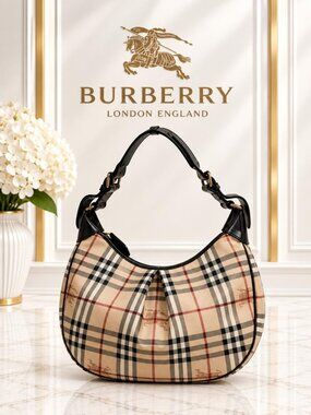 Authentic Burberry Nova Check Hobo Shoulder Bag Beige Black Leather Luxury